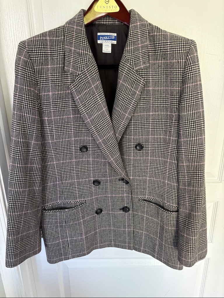 Pendleton Double-Breasted Glen Plaid Blazer - Gray With Pink Accents